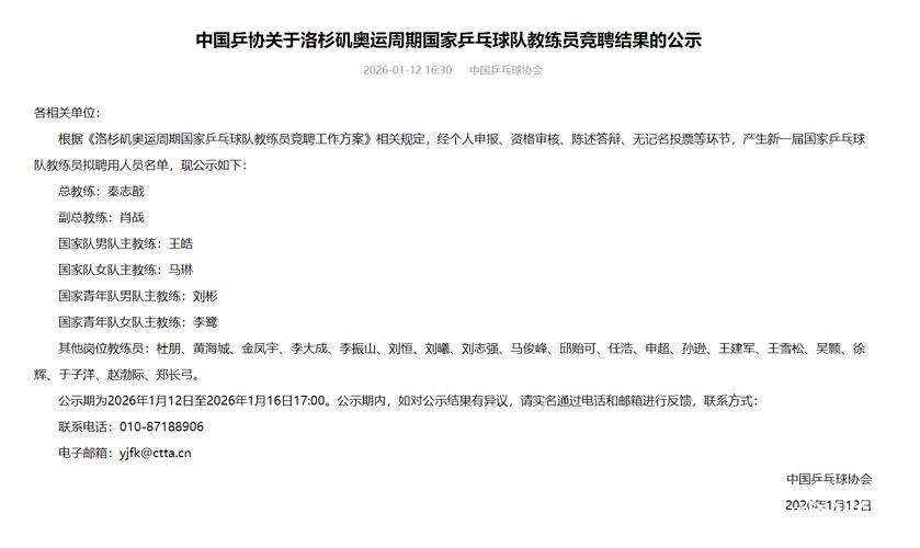 中国乒协公示国乒教练员竞聘结果：秦志戬拟任总教练，肖战拟任副总教练